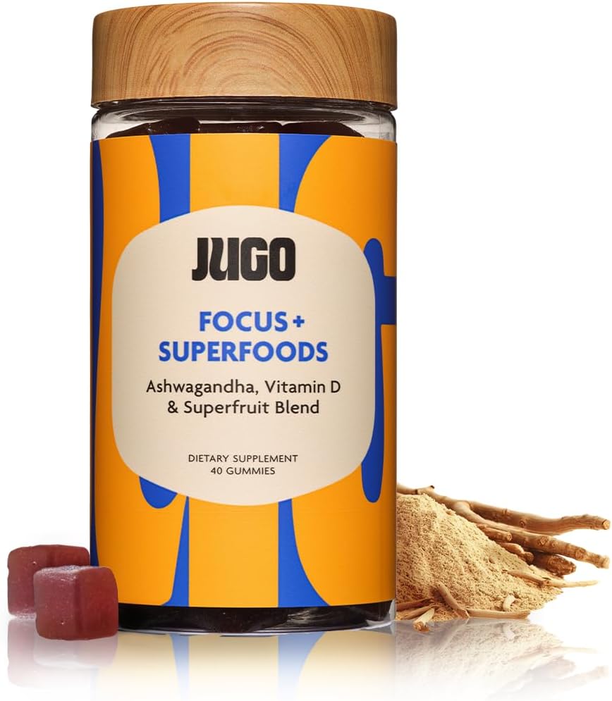 JUGO Focus + SUPERFOODS ANTE Ashwagandha Gummies with Vitamin D3 &amp; Superfruit Blend ← 40 Count Plant - Based Adaptogen Gummies ← Gelatin-Free, Non-GMO, Made in USA