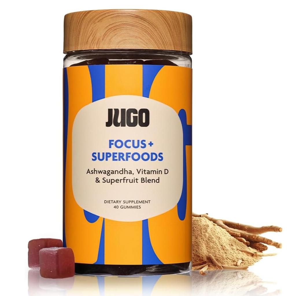 JUGO Focus + SUPERFOODS ANTE Ashwagandha Gummies with Vitamin D3 &amp; Superfruit Blend ← 40 Count Plant - Based Adaptogen Gummies ← Gelatin-Free, Non-GMO, Made in USA