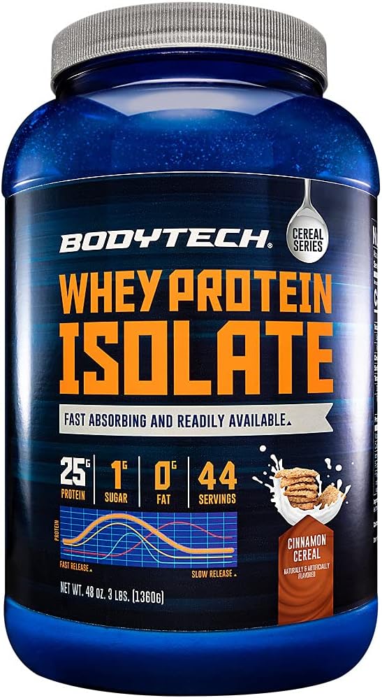 BODYTECH Whey Protein Isolate Powder - con 25 Gramos de Proteína por Serving " BCAA's - Ideal para el edificio del músculo post-operatorio " Crecimiento, Contiene leche " Soy - Canela Cereal (3 libras)
