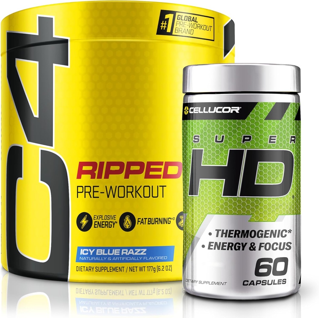C4 Ripped & SuperHD, Thermogenic Bundle, C4 Ripped Pre Workout Powder, ICY Blue Razz 30 Servings + SuperHD con Capsimax y Green Tea Extract, 60 Servings