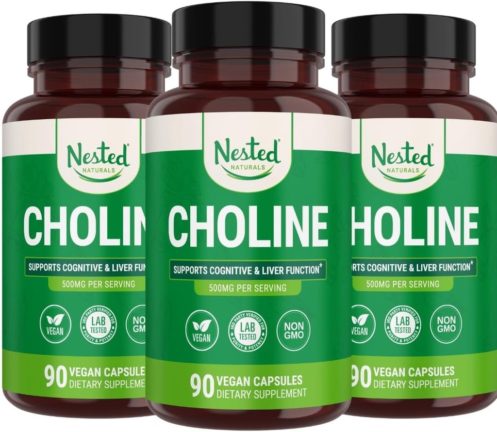 Anidados Naturales Choline Bitartrate 500mg ← High Potency Choline Suplementos ← Rendimiento Cognitivo " Función del hígado " 100% Vegan " Non-GMO Silencioso (3-Pack)