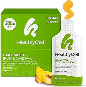 Suplemento líquido multivitamínico vegano con hierro y Omega-3, 25+ Vitaminas esenciales, Minerales " Nutrientes para la salud cerebral " , Apoyo inmunológico " Energía - 30 Gel Packs