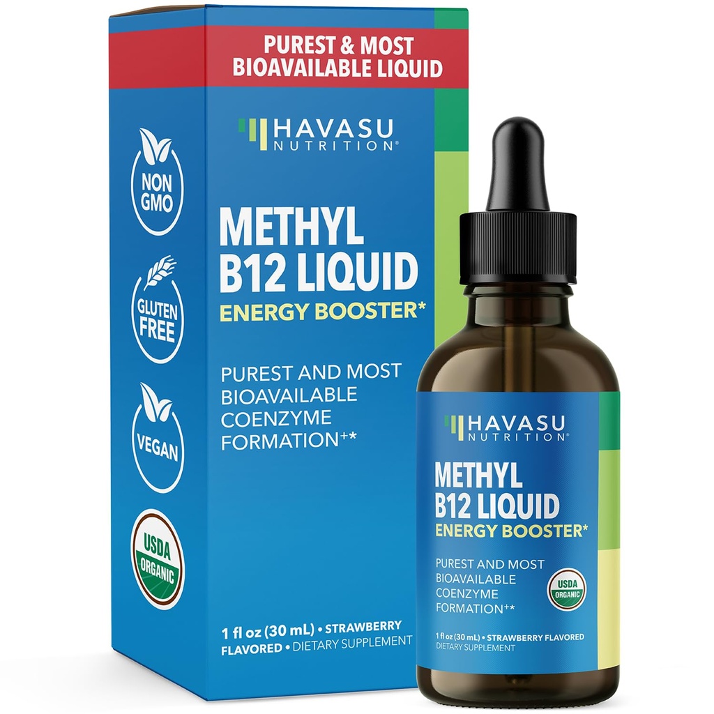 USDA Organic Vitamin B12 Liquid Drops - Methylcobalamin for Enhanced Energy and Nervous System Support - 30 Servings - Highly Bioavailable for Absorption - Non-GMO, Vegan, Strawberry Flavor, 1 Fl Oz