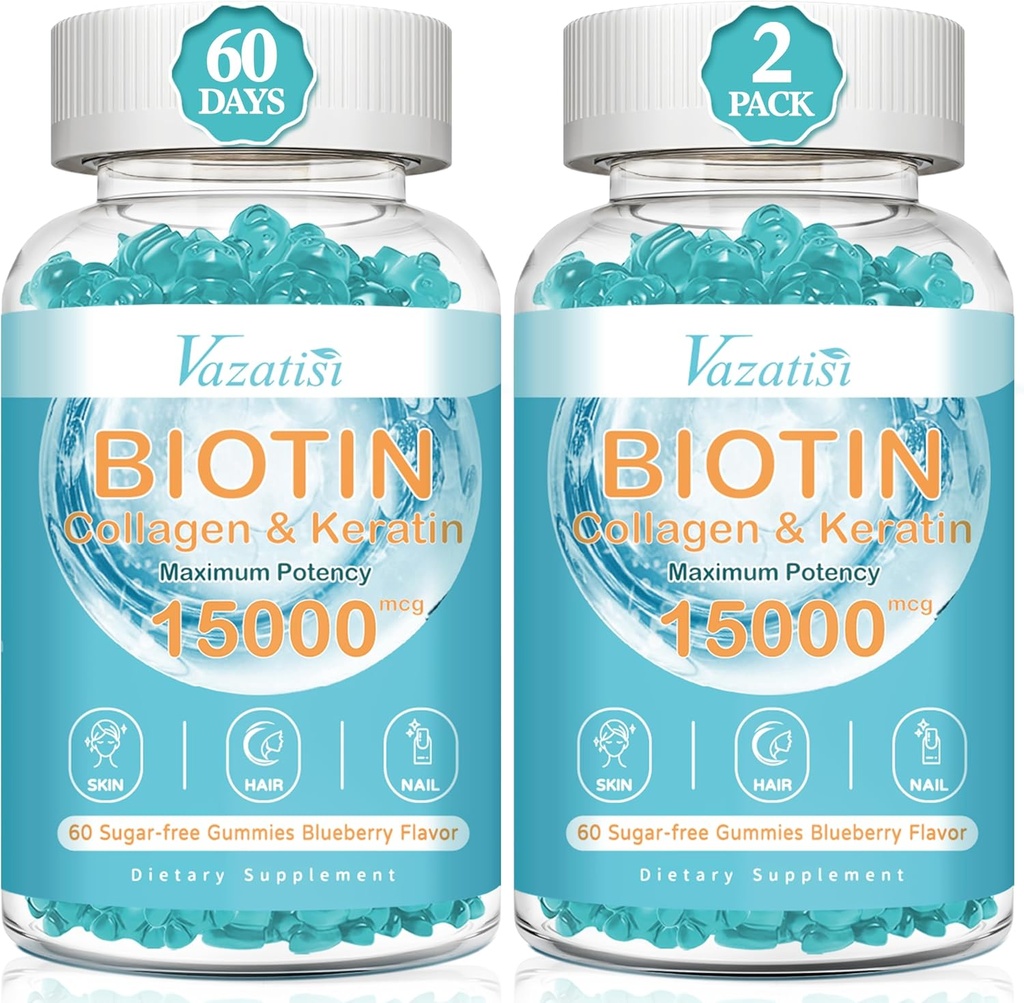 Biotin and Collagen Gummies with B12, Hair Skin and Nails Vitamins Gummies for Hair Growth, Glowing Skin & Strong Nails - Blueberry Flavor, Sugar Free, 120 Ct