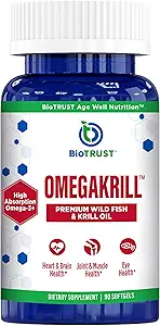 BioTrust OmegaKrill EPA & DHA Omega 3 Suplemento, Fish and Krill Oil para proporcionar soporte para unión, corazón, cerebro, ojo y piel (30 piezas)