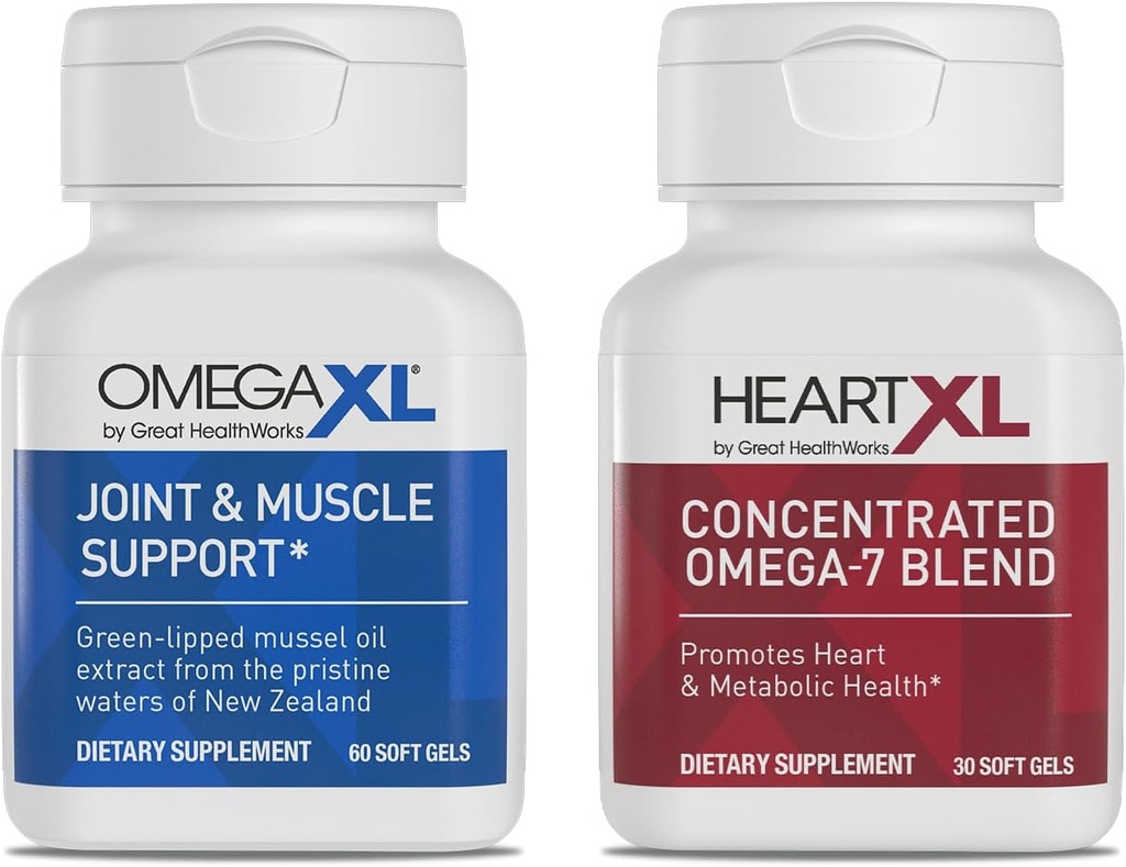 Suplemento de soporte conjunto de OmegaXL - Apoyo al músculo natural, aceite de mejillón verde, píldoras de gel suave, libre de drogas, 60 cuenta + HeartXL 30 cuenta, alta potencia Omega-7 Blend