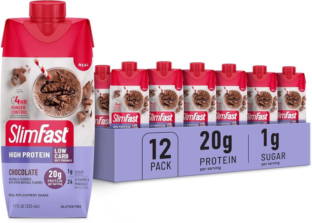 SlimFast Protein Shake, Chocolate- 20g Proteína, Meal Replacement Shake Listo para beber, Alta Proteína con Bajo Carb y Bajo Azúcar, 24 Vitaminas y Minerales, 12 Cuenta (Packaging May Vary)
