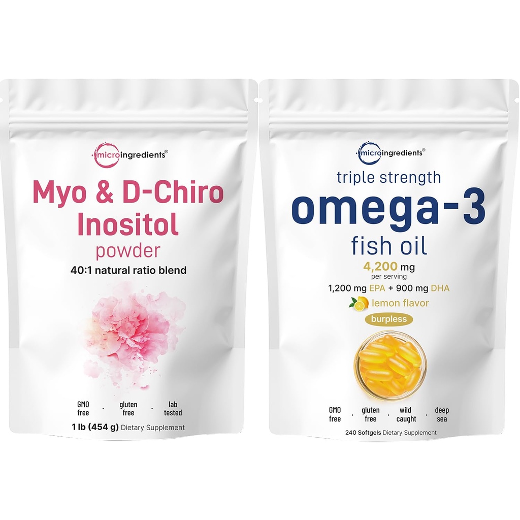 Micro Ingredientes Petróleo de Pesca Omega-3 4,200 mg Softgels &amp; Myo & D-Chiro Inositol Powder Bundle 2 Pack ← Pescado Salvaje, Sabor de limón, Burpless ← Suplemento de Inositol para Mujeres