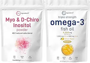 Micro Ingredientes Petróleo de Pesca Omega-3 4,200 mg Softgels &amp; Myo & D-Chiro Inositol Powder Bundle 2 Pack ← Pescado Salvaje, Sabor de limón, Burpless ← Suplemento de Inositol para Mujeres