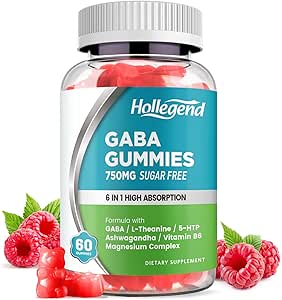 GABA Gummies, Gummies de alivio de estrés sin azúcar para adultos, suplemento de alta potencia GABA L-theanina con magnesio, Ashwagandha, 5-HTP & vitamina B6 para Zzz & Brain Health, Vegan, 60