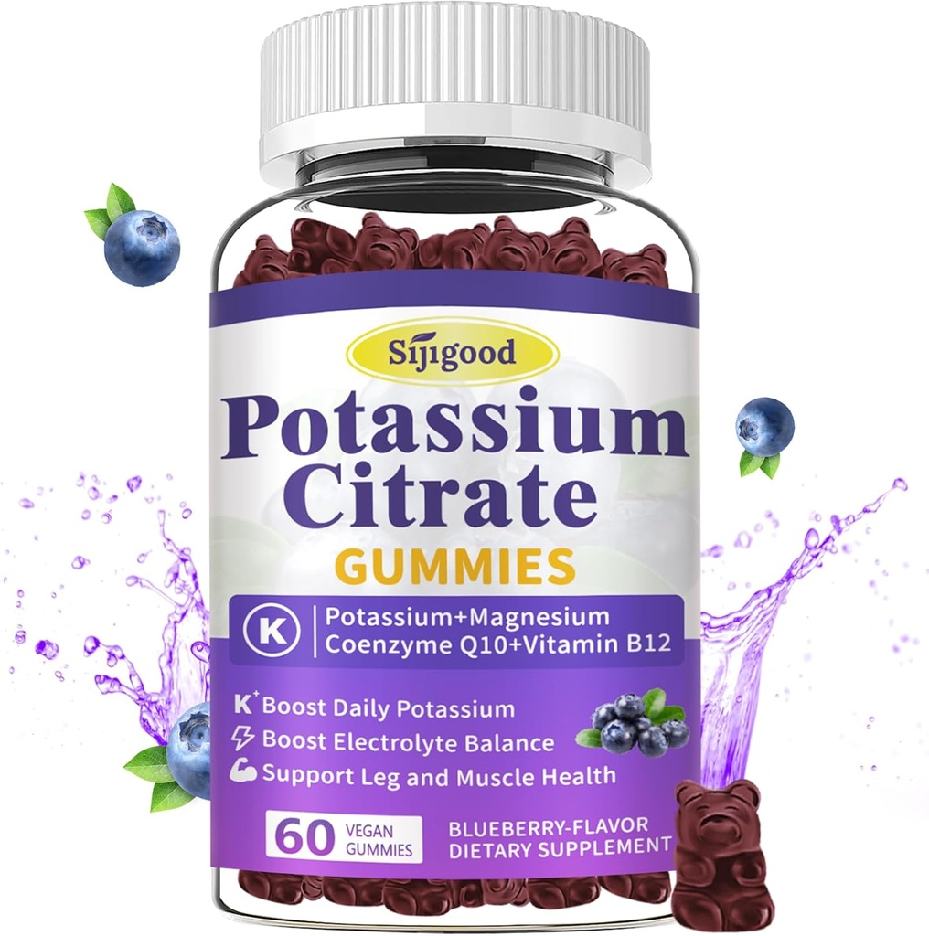 Gummies de citrato de potasio - Suplemento de potasio para la salud muscular, alivio de cáscara de pierna " equilibrio de electrolitos, vegano, no OMG, libre de gluten, sabor de arándanos, 60 conteo