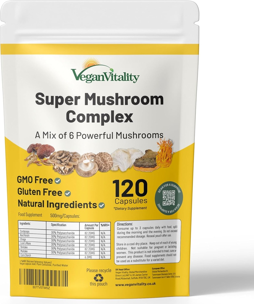 Complejo de Suplemento de Mushroom Vegan Vitality - 120 cápsulas con Reishi, Chaga, Shitake, Maitake, Lion's Mane y Cordyceps para Brain, Energy, Focus &amp; Memory Support