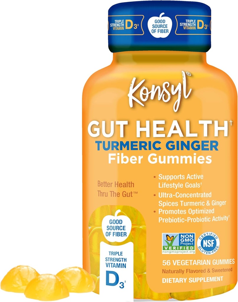 Konsyl Gut Health Turmeric Ginger Fiber Gummies - Ayuda Asistencia Digestive Health+ - Vegetarian Fiber Supplement Gummies for Adults- 56 Count