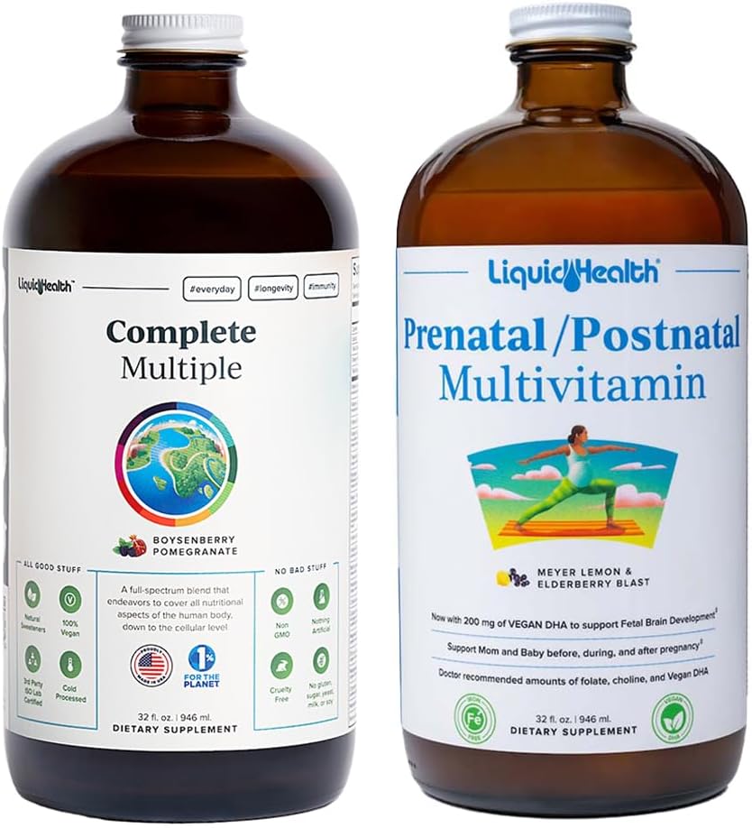 LIQUIDHEALTH Complete Multiple &amp; Prenatal/Postnatal Multiple Liquid Vitamin Bundle - Adult Daily Multivitamins for Men &amp; Women, Immune Support, Pregnancy Vitamins for Mom & Baby - USA Made, Vegan