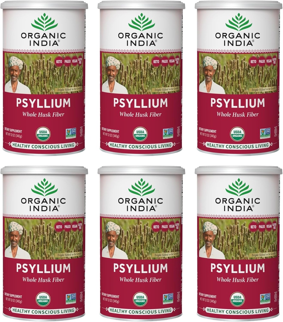 ORGANIC INDIA Psyllium Husk Powder Organic - Psyllium Husk Fiber Supplement, Digestion Support, Vegan, Gluten-Free, Non-GMO, Soluble & Insoluble Fiber Source - 12 oz Canister, 6 Pack
