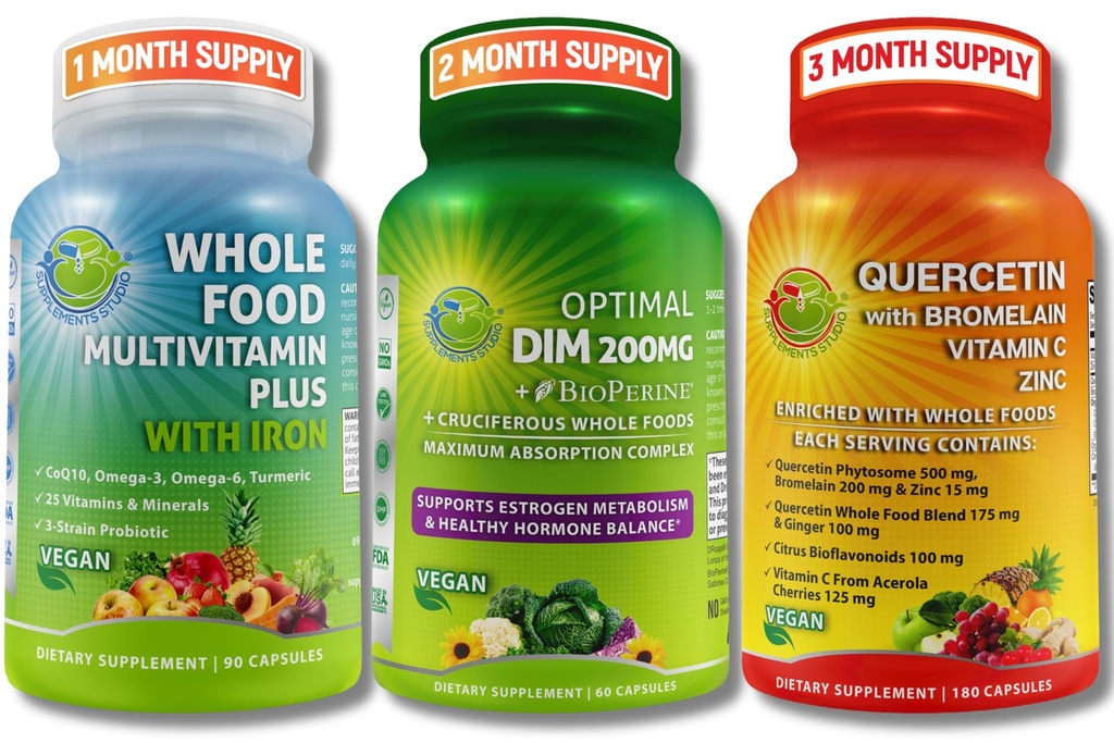 Daily Hormonal &amp; Immune Support Bundle for Women &amp; Men - DIM 200mg for Hormonal Balance + Quercetin 500mg with Bromelain &amp; Zinc + Whole Food Multivitamin with Iron – Vegan, Non-GMO Wellness Support