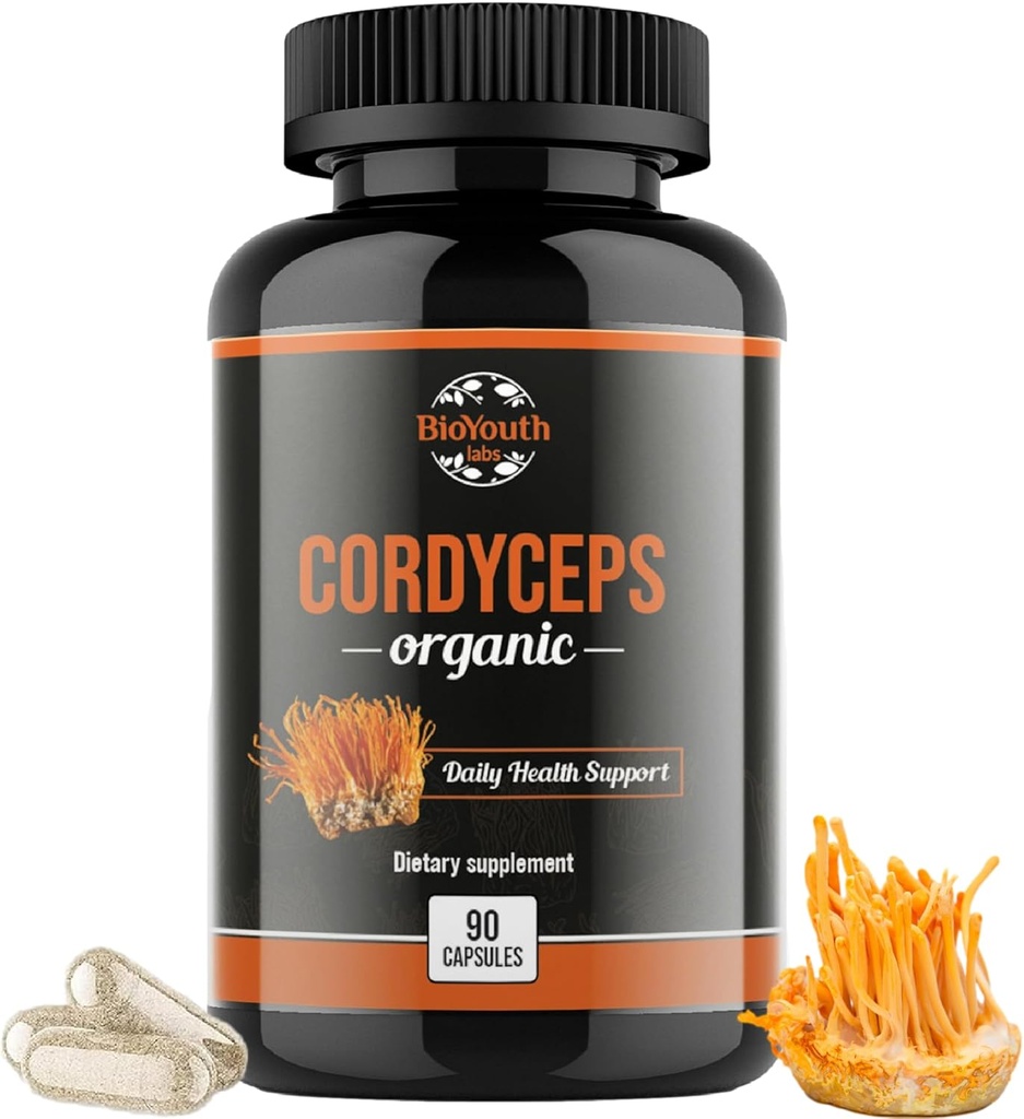 Cordyceps Suplemento dietético orgánico - Natural Energy Boost y Respiratory Health Support with Cordyceps Militaris, Clinically Backed, Non-GMO & Allergen-Free TEN 90 Capsules