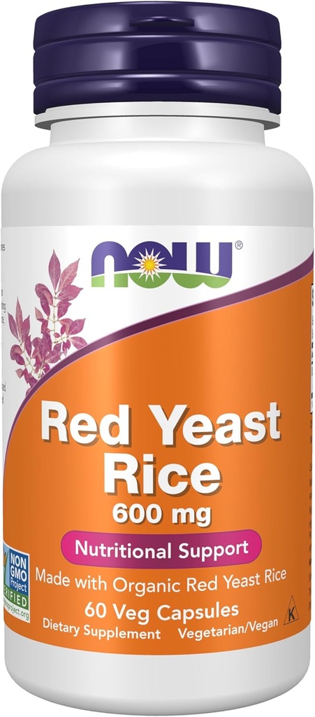 AHORA Suplementos de alimentos, arroz de levadura roja 600 mg, Hecho con arroz de levadura roja orgánica, 60 cápsulas de verduras