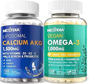 Liposomal Calcio AKG Suplemento 1500mg + Vegan Omega 3 Suplemento 1000mg