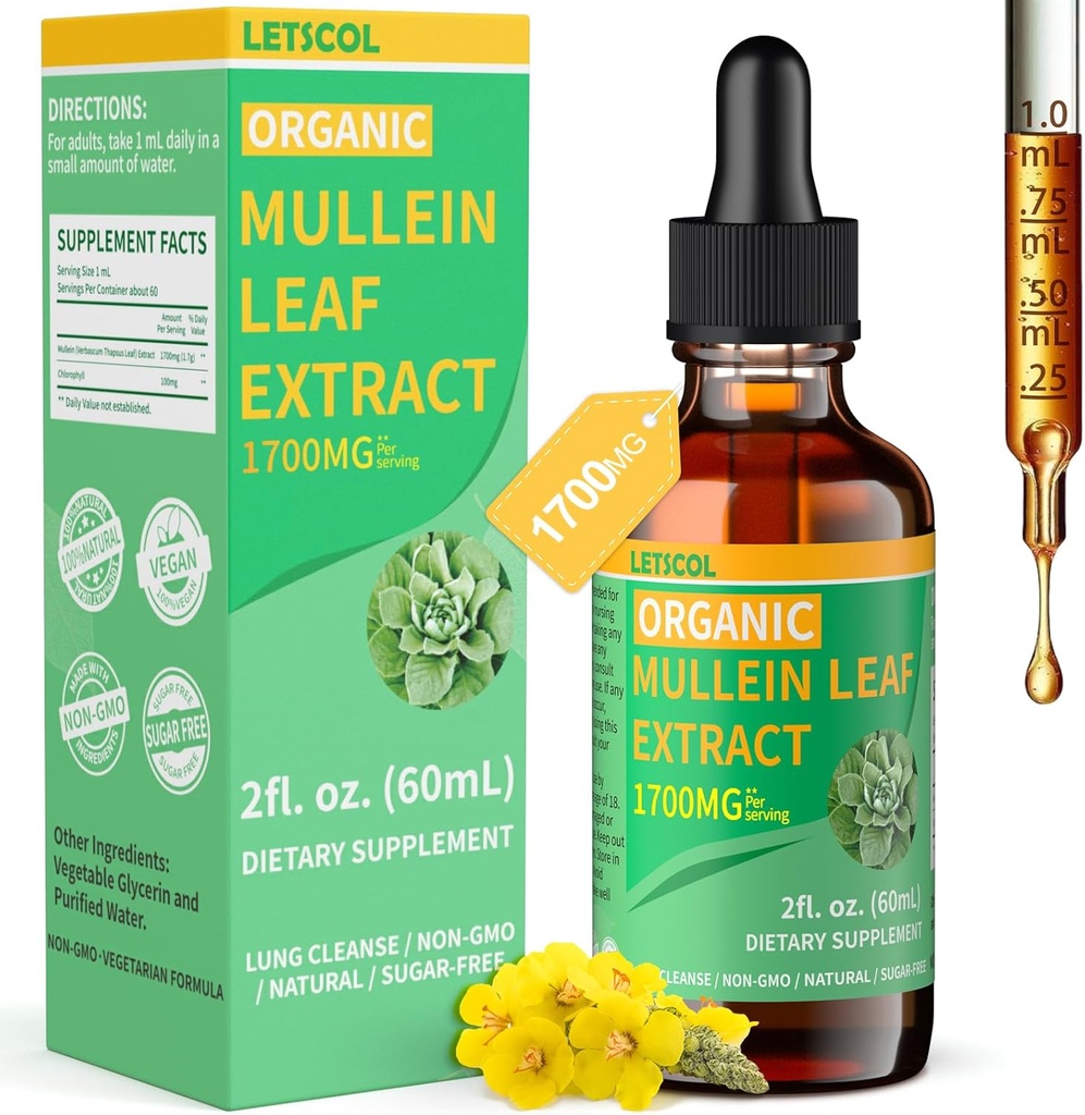 Bombas de Mullein Orgánica para Lung Cleanse, Potente 1700mg Mullein Leaf Extracto para Immune &amp; Respiratory Support, Natural Mullein Supplement Tincture Drops Non-GMO & Vegan, 2 Fl Oz