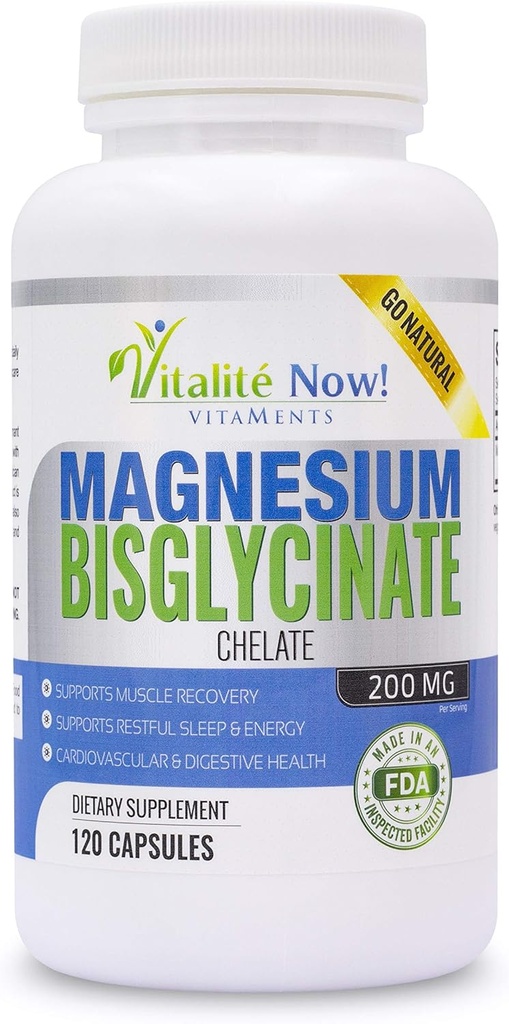 Magnesium Bisglycinate 200mg 100% Chelated - Max Absorption " Bioavailability, Fully Reacted " Buffered, No Laxative Effect - Sleep, Energy, Leg Cramps, Headaches - Non-GMO