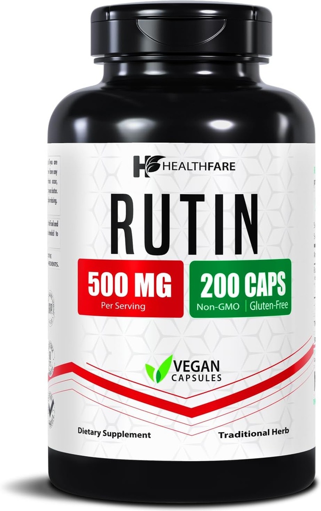 Healthfare Rutin Suplemento 500mg  200 cápsulas veganos ← Natural Bioflavonoid Formula ← Extra Strength Antioxidant Support ← Non-GMO, Gluten-Free Silencio Made in USA