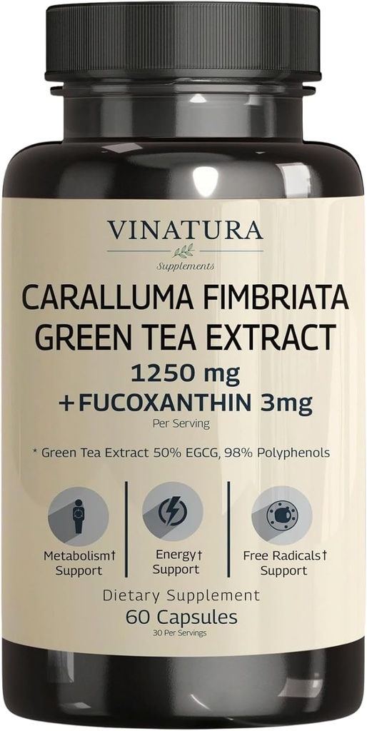 VINATURA Caralluma Fimbriata, EGCG 45% Extracto 1250mg + Fucoxanthin 3mg por Serving *USA Hecho &amp; Tested* for Immune Support, Energy and Mental Focus - 60 Capsules 30 Serviciones