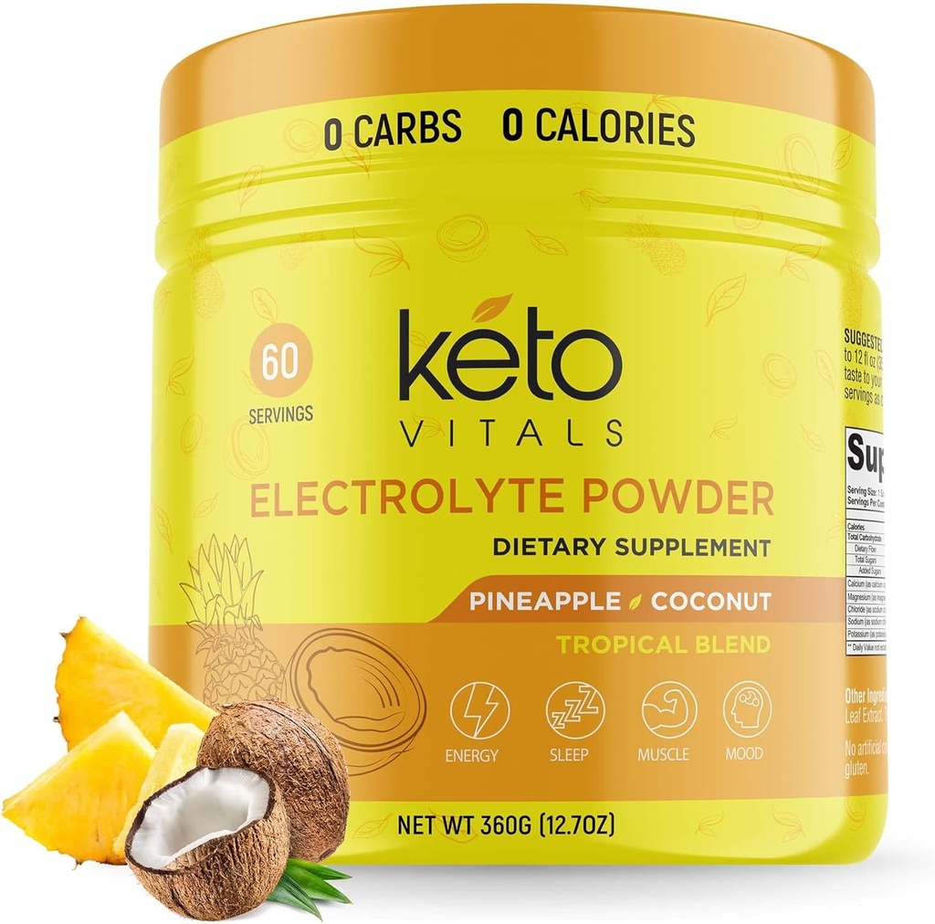 Keto Vitals Electrolytes Polvo - Azucar libre Keto Electrolitos Polvo con Potasio, Magnesio, Sodio, " Calcio - No Sugar Electrolyte Drink Mix " Hidration Powder, 60 Servings, Piña Coconut
