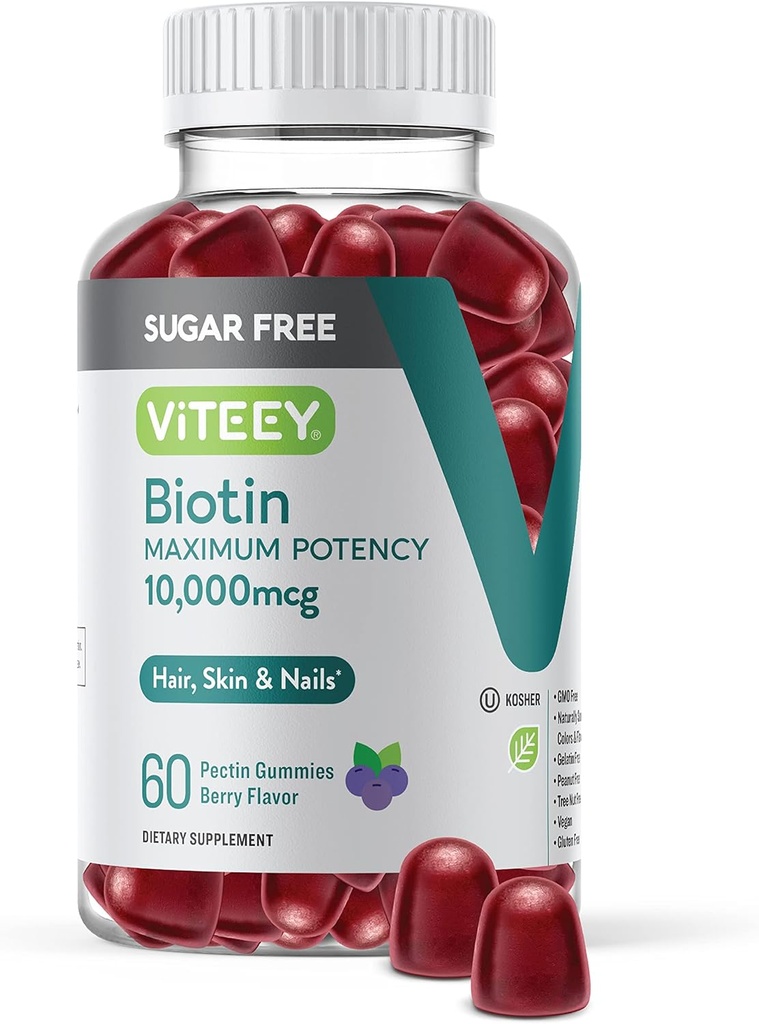 Viteey Biotin Gummies for Hair, Skin, and Nails 10,000mcg - Sugar Gratis - Crecimiento del cabello Gummies, Flujo de piel saludable, Crecimiento de uñas saludable fuerte - Vegan, Gluten Free, Gelatin Free- Tasty Berry Flavor