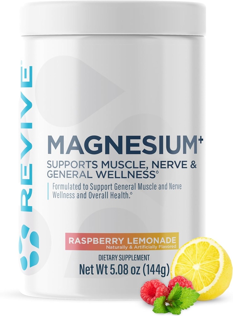 Revive MD Magnesium Powder Supplement - Magnesium Carbonate & Taurate Powder Drink Supports Healthy Bones, Muscles, " Nerves - Vegan-Friendly, Gluten-Free &amp; Soy-Free (Raspberry Lemonade, 30 Servings)