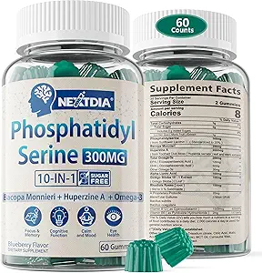 Phosphatidylserine - Suplemento Nootropic Brian, Focus & Energy Gummies + Bacopa Monnieri, Omega 3, Huperzine A, Methyl B12 &amp; B6 para mayores, jugadores, trabajadores, no GMO, libre de cafeína, sin azúcar, 60 Cts