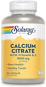 Citrato de Calcio Solaray con Vitamina D3 1000mg - Fuerza de Bone y Soporte de dientes saludables - Digestión suave Fórmula - Lab Garantía verificada de 60 días - 30 Serviciones, 180 cápsulas