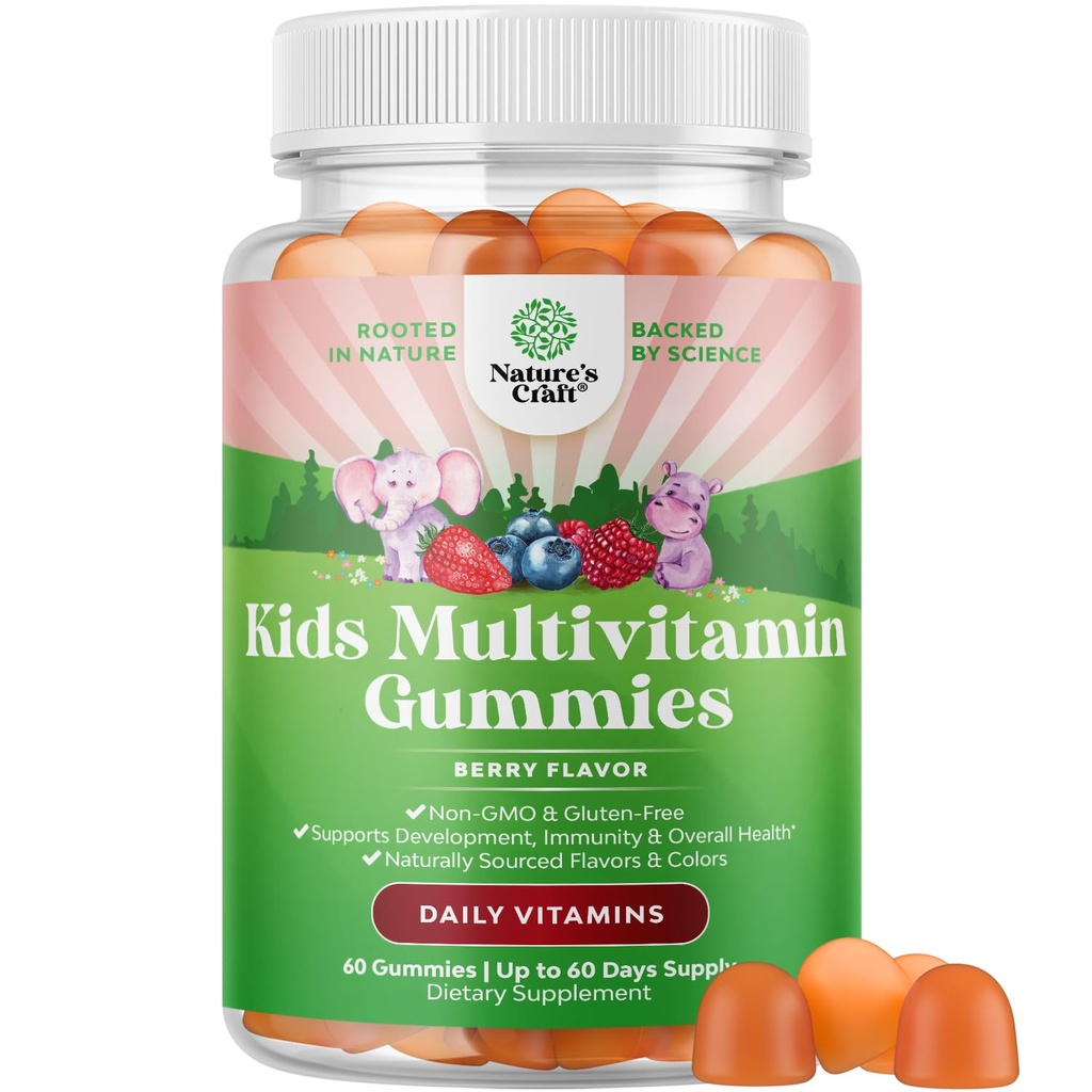 USDA Organic Kids Multivitamin Gummies - Multivitamin for Kids Immune Support with Vitamins A, C, D3, E, B6 &amp; B12, Zinc & Iodine - Children's Vitamins Chewable Formula for Strong Health - 60 Count