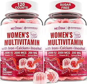 (2 Pack) Azúcar Multivitamina sin metilada para Mujeres Gummies con Calcio, D3 K2, Inositol, Folate, Biotina, Hierro, Vitamina A, C, E, Complejo B - Multi vitaminas &amp; minerales - Energía, Inmune, Hueso - Vegan