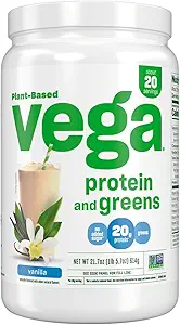 Vega Protein y Verdes Protein Powder, Vainilla - 20g Planta Basada Protein Plus Veggies, Vegan, No GMO, Pea Protein para Mujeres y Hombres, 21.7 Ounce (Packaging May Vary)
