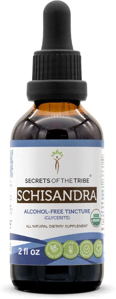 Secretos de la Tribu Schisandra USDA Orgánica tención Extracto libre de alcohol, gotas herbales de alta potencia ← Hecho de 100% certificado orgánico Schisandra (Schisandra Chinensis) Berry seco 2 oz