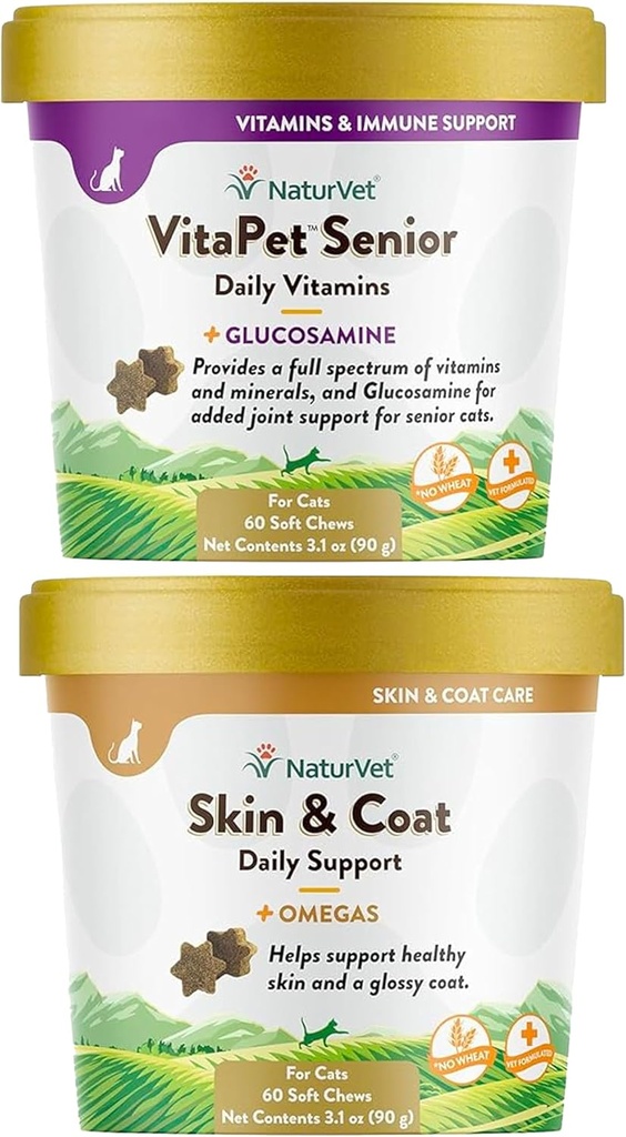 NaturVet – Skin & Coat Plus Omegas for Cats – 60 Soft Chews ← Soporta Skin &amp; Glossy Coat ← VitaPet Senior Daily Vitamins for Cats, Formulado para proporcionar Minerales Esenciales, 90 g, 60 Conde