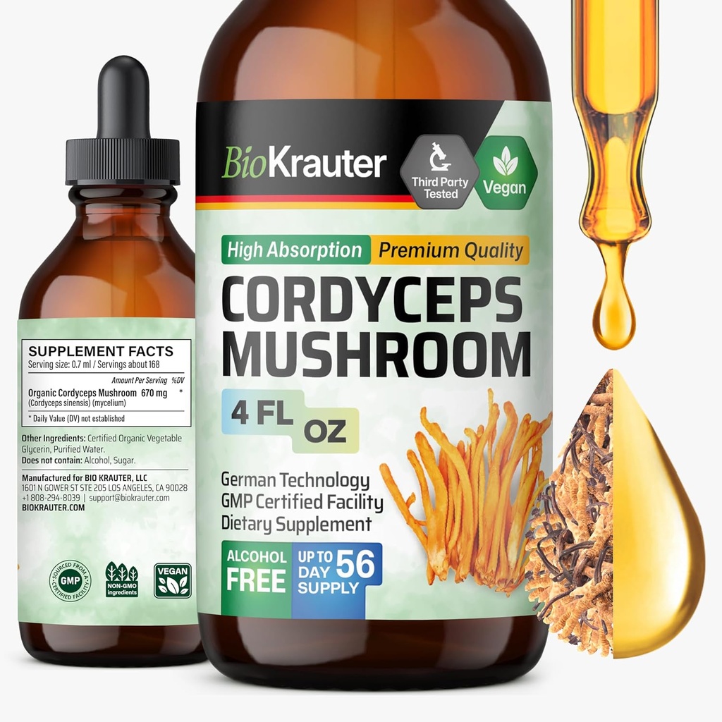 BIO KRAUTER Cordyceps Mushroom Extract - Cordyceps Sinensis Liquid Mushroom Extract - 670 mg por Serving - Vegan, Alcohol &amp; Azúcar Gratis - 4 Fl.Oz.