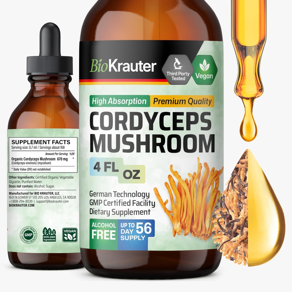 BIO KRAUTER Cordyceps Mushroom Extract - Cordyceps Sinensis Liquid Mushroom Extract - 670 mg por Serving - Vegan, Alcohol &amp; Azúcar Gratis - 4 Fl.Oz.