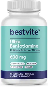 BESTVITE Ultra Benfotiamine 600mg por cápsula (60 cápsulas vegetarianas) No Stearates - Sin dióxido de silicona - Vegan - No GMO - Gluten Gratis - Maximum Strength Benfotiamine