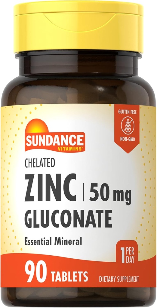 Sundance Zinc Suplemento 50mg TENIDO 90 Tablets ANTE Chelated Essential Mineral TEN Vegetarian, Non-GMO, y Gluten Free