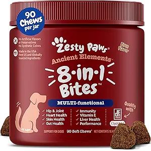 Zesty Paws Dog Multivitamin, Chewable Dog Vitamins and Supplements for Hip & Joints, Skin & Coat, Omega 3 Fish Oil for Dogs- Senior & Puppy Multivitamin - Bison- 90ct