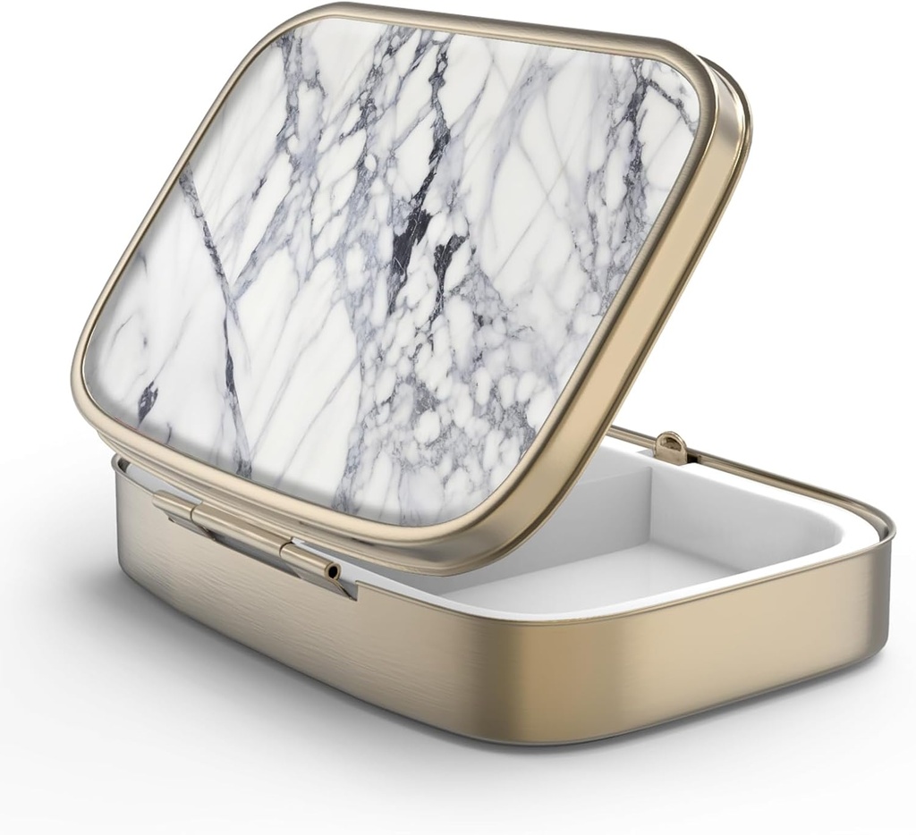 Pill Case Pill Box with Mirror Retro 2 Compartment Small Pill Case for Purse or Pocket Bronze Rectangular Pill Box or Vitamins, Fish Oil, Supplements, Pill Containe Travel Gifts(White Marble)