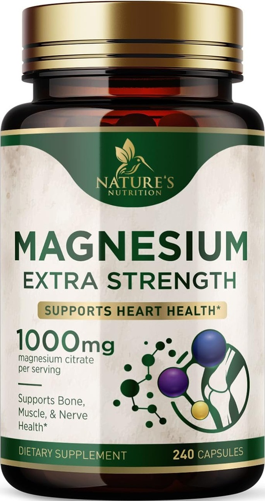 Suplemento mineral de magnesio 1000 mg - Citrato de magnesio de alta potencia para el hueso, salud cardíaca, nervios &amp; apoyo muscular, complejo de magnesio de la naturaleza para todo el apoyo corporal, embotellado en EE.UU. - 240 cápsulas