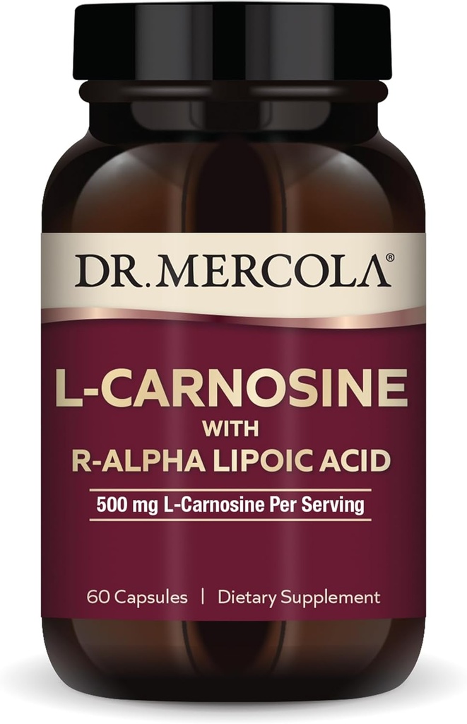Dr. Mercola L-Carnosine con suplemento dietético R-ALA, 500 mg L-Carnosina por ser, 30 servidos (60 cápsulas), No GMO, Gluten Free, Soy Free
