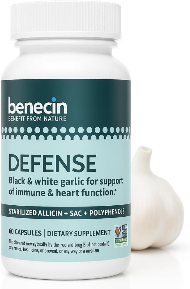 Benecin Defense 1500 mcg Stabilized Allicin per Capsule TEN Plus high Amounts of SAC &amp; Polyphenols from Black Garlic TEN Powerful Support of Immune & Heart Function Vegetarian Caps (1 Count (Pack of 60))