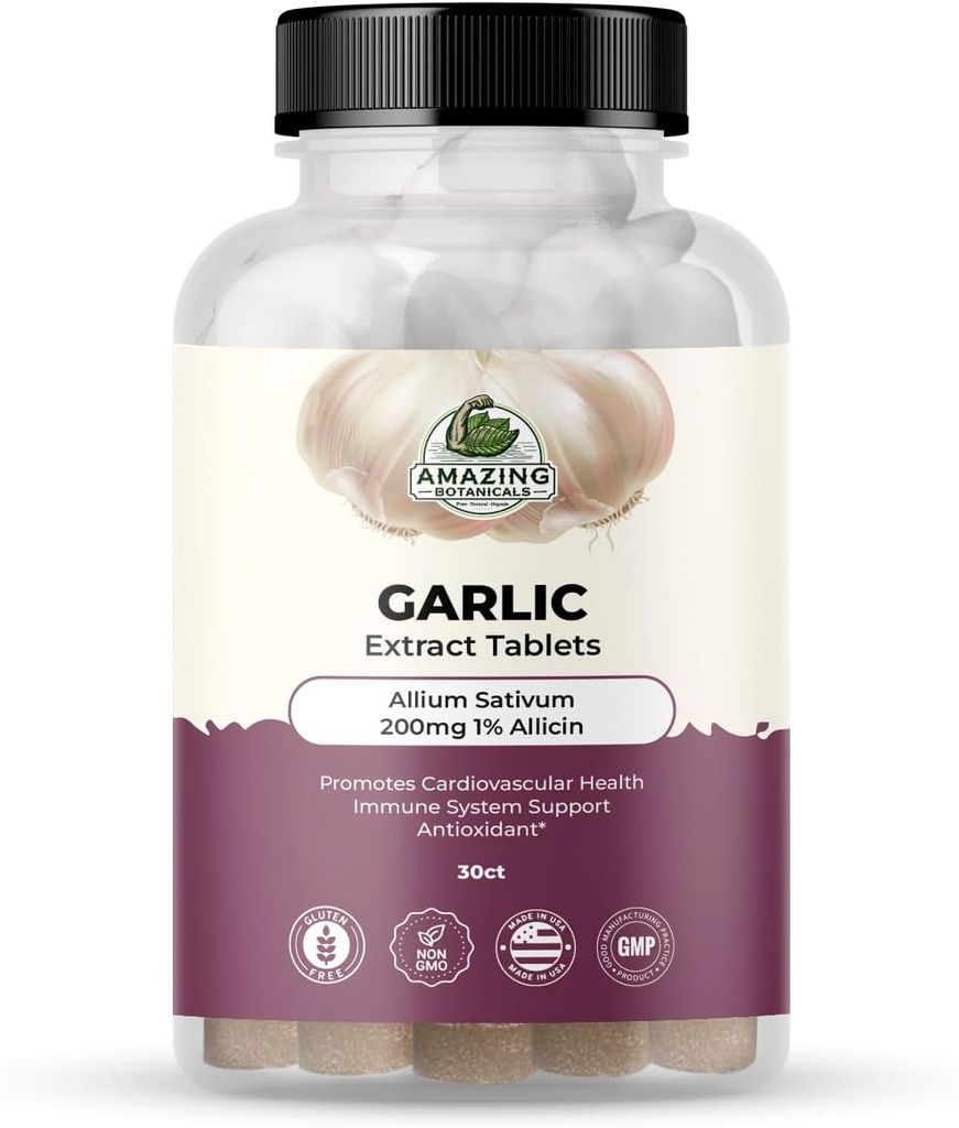 Increíbles botánicos Extracto de ajo Tabletas - Allium Sativum 200mg, 1% Allicin - Suplemento herbal de alta potencia para bienestar y vitalidad - 30 cuenta