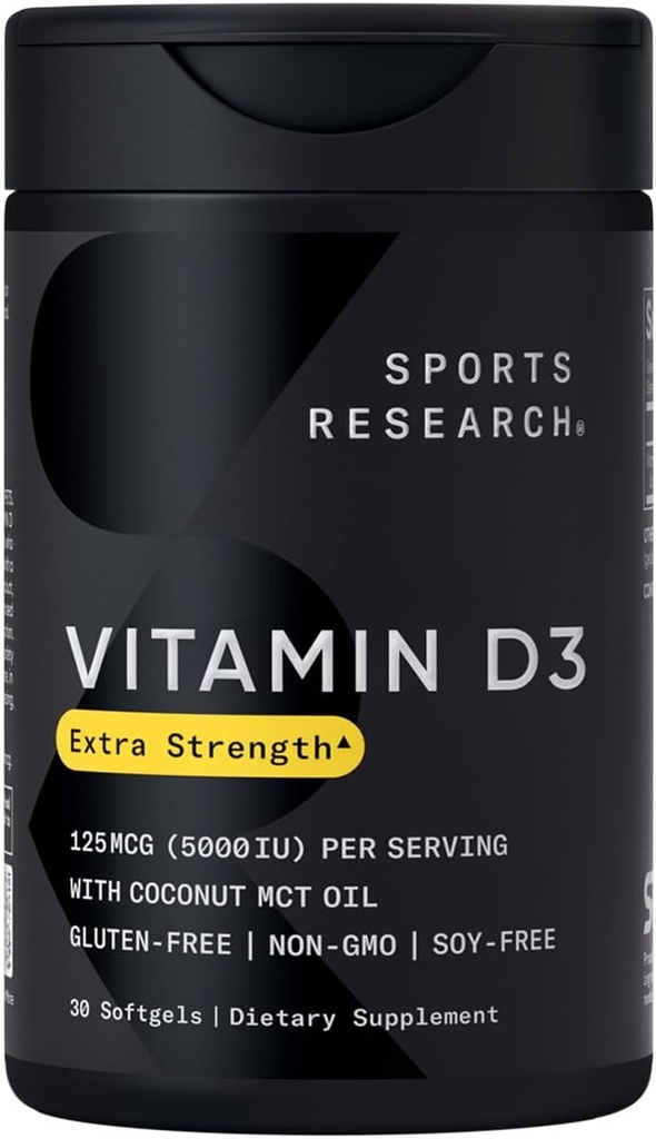 Investigación Deportiva Vitamina D3 5000 UI con aceite de MCT de coco - Suplemento de vitamina D de alta potencia para inmune &amp; bonificación - No GMO Verificado, Gluten &amp; Soy Gratis – 125mcg, 30 Softgeles líquidos