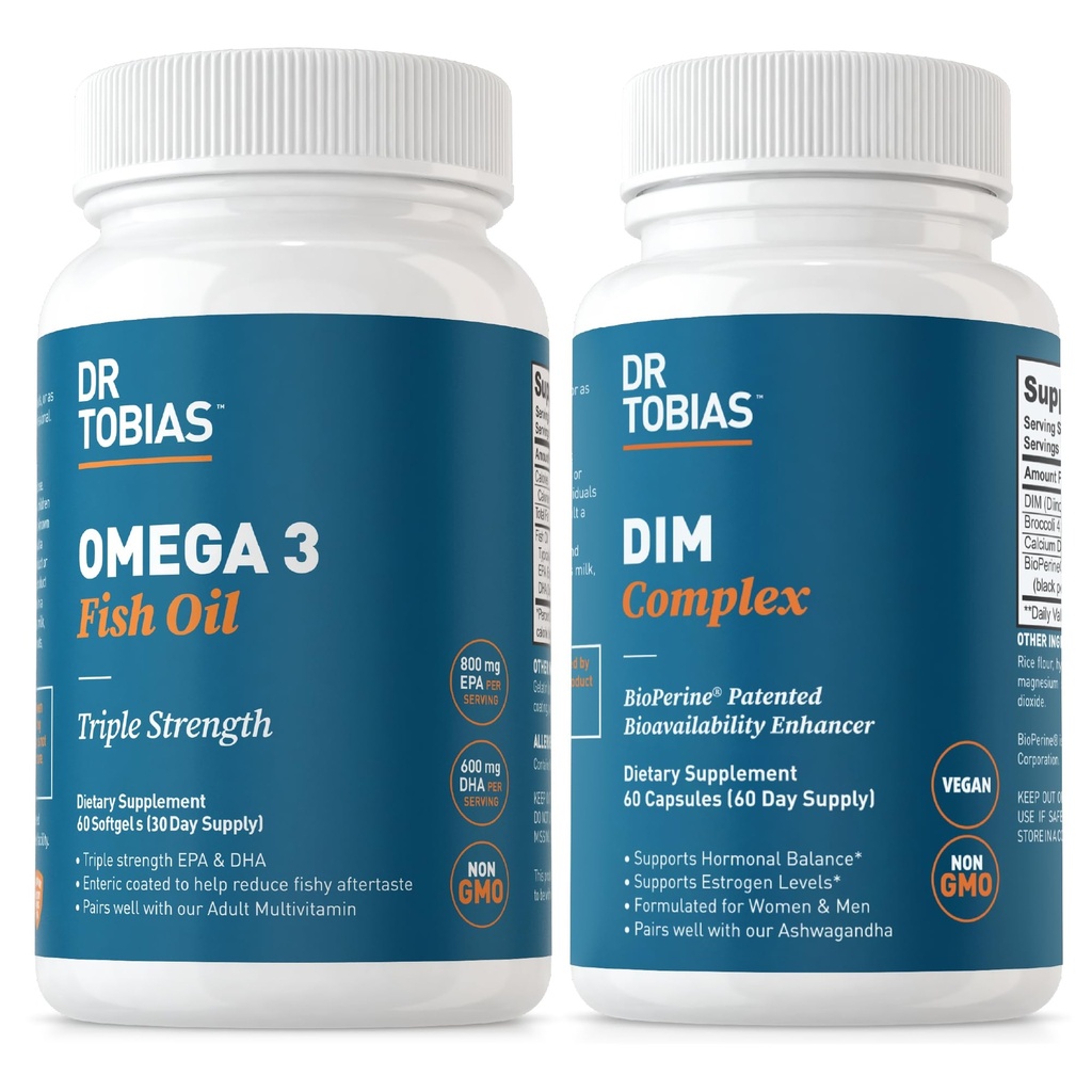 Dr. Tobias Omega 3 Fish Oil and DIM Complex Supplements, Supports Heart, Brain Immune Function and Hormone Balance for Women &amp; Men with BioPerine, Borccoli Extract &amp; Calcium D-Glucarate, 60 cápsulas