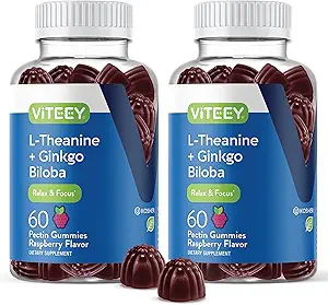 Viteey L-Theanine Gummies con Ginkgo Biloba para adultos - ayudas en Focus & Relax, Mejorar el Mood - No GMO, Gelatin Gratis, Vegan, Gluten Gratis, Naturalmente Fuente Chewable Tasty Raspberry Flavored Gummy